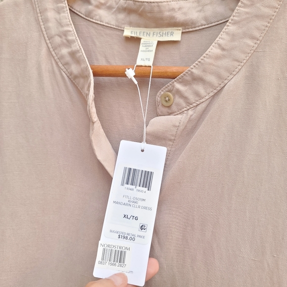 Eileen Fisher | Linen Blend Mandarin Collar Shirtdress in Khaki NEW Size XL - Picture 3 of 5